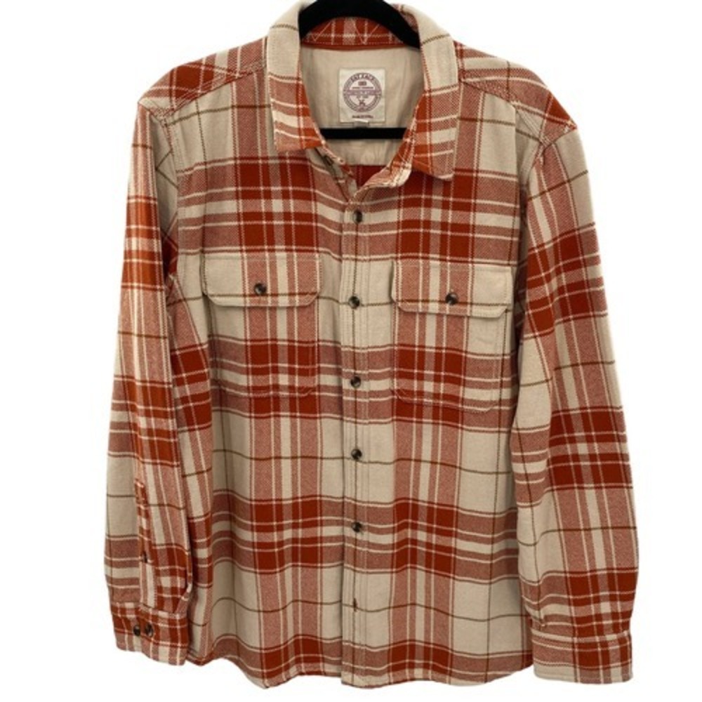 FatFace UK Button Front Shacket Shirt Mens XL Orange Tan Plaid Thick Cotton